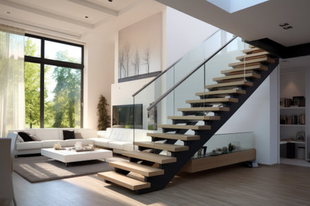 Luxurious living room with grand window and staircase.の素材