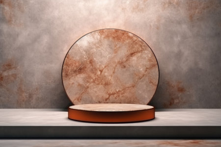 Minimalist round marble podium against textured wall.の素材