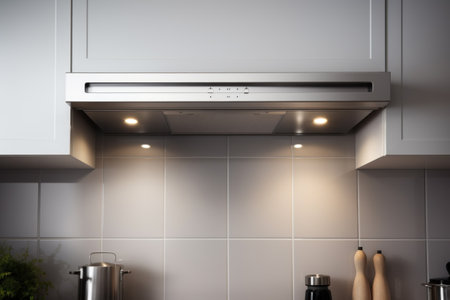 Elegant cooker hood in a stylish kitchen interior.の素材