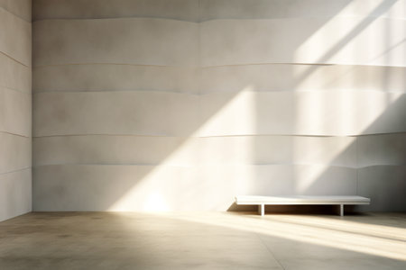 Elegant art space with soft sunlight and sleek bench.の素材