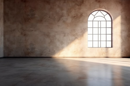 Warm light in empty room with plaster wall and arched window.の素材