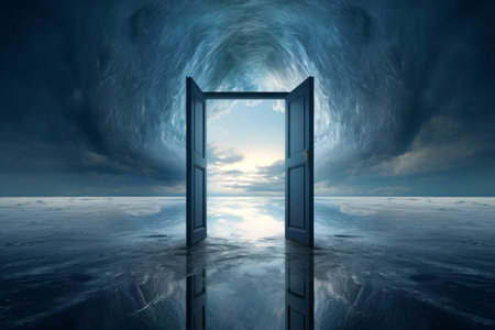 Open door concept with swirling clouds and sunlightの素材