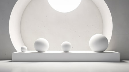 Spheres on white podium in geometric interior room with lights.の素材