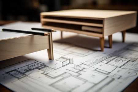Crafting wooden furniture over architectural plans.の素材