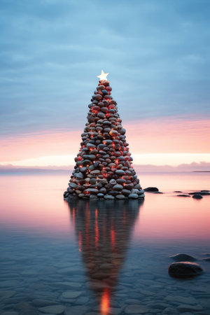 Christmas tree made with rocks and stones on water at sunset.の素材