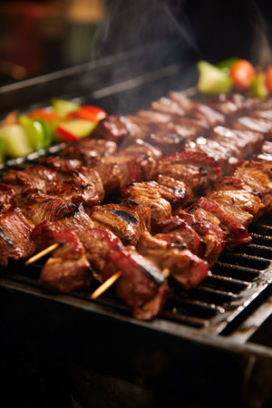 Juicy grilled kebab skewers on wooden cutting board.の素材