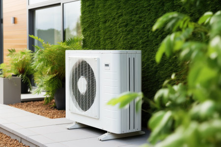 Outdoor heat pump unit beside vibrant green plants.の素材