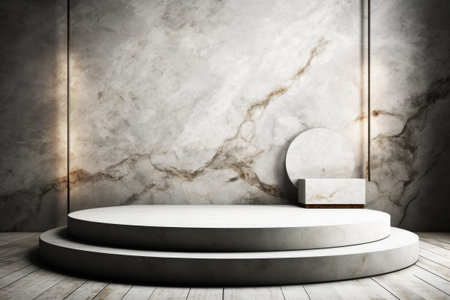 Minimalist marble podium against textured wall backdrop.の素材