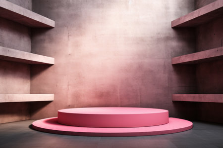 Elegant round pink podium with concrete textured backdrop.の素材