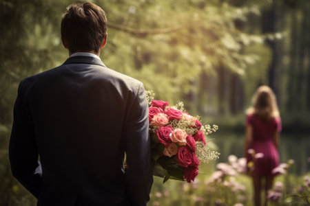 Man with roses waiting, woman in distance.の素材