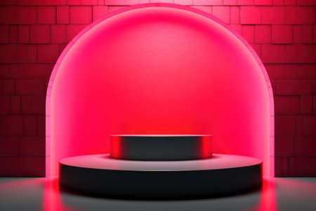 Futuristic neon podium in vibrant red light.の素材