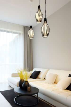 Elegant living space with modern pendant lighting.の素材