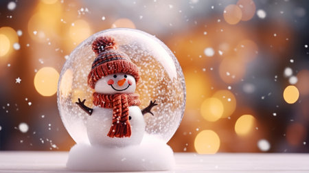 Christmas glass ball on snow with snowman inside. Winter scenery.の素材