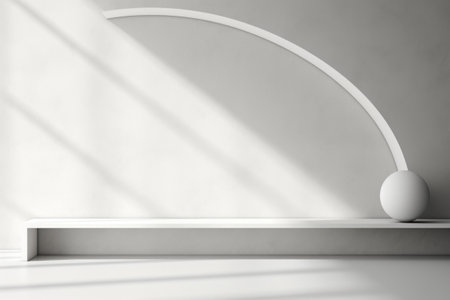White minimalist shelf with geometric backdrop shadows.の素材