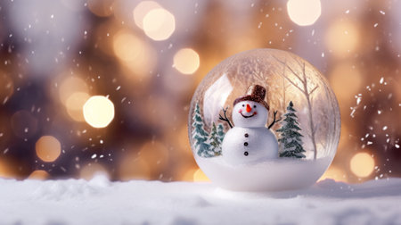 Christmas glass ball on snow with snowman inside. Winter scenery.の素材