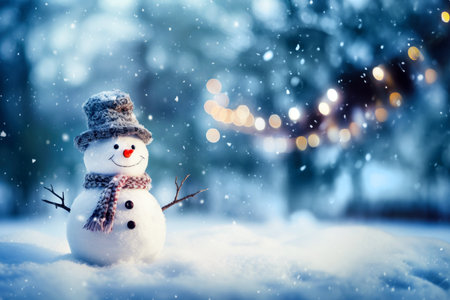 Snowman on snow in winter Christmas evening scenery with city lights.の素材