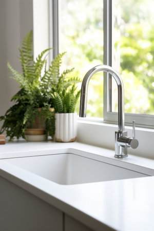 Modern kitchen sink with pull-down faucet and plants.の素材