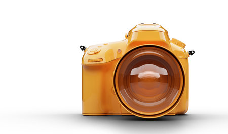 Vibrant yellow DSLR camera front view with large lens.の写真素材