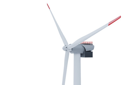 Single wind turbine with red-tipped blades on white background.の写真素材