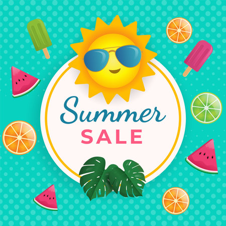 summer sale banner social media - watermelon, lemon, Popsicle and leaves - vector