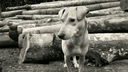 Pet dog standing in a timber log