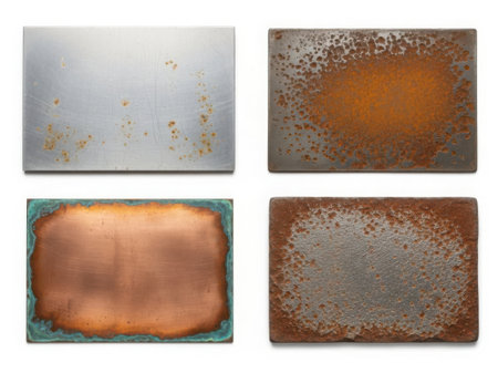 Collection of weathered metal samples showing rust and patinaの素材