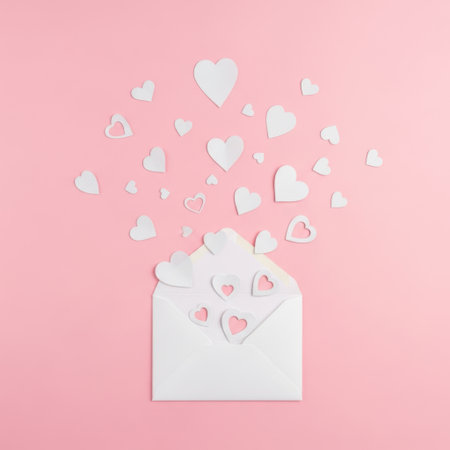 A white envelope is opened to reveal a cascade of heart-shaped cutouts, symbolizing love and affection. The envelope is placed against a soft pink background, enhancing the romantic atmosphere. The hearts are of various sizes, creating a whimsical and heartwarming scene.の素材