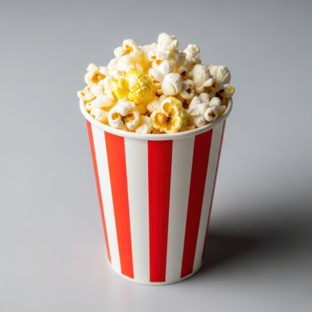 A close-up image of a bucket filled with freshly popped popcorn. The bucket has red and white stripes and is overflowing with fluffy, yellow popcorn kernels. The background is a plain, light gray surface, putting the focus entirely on the popcorn.の素材