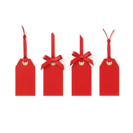This image features four red rectangular gift tags, each adorned with a red ribbon and bow. The tags are arranged in a horizontal line against a white background. Each tag has a small gold-colored ring at the top where the ribbon is attached.の素材