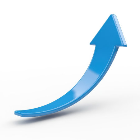 The image features a single, three-dimensional blue arrow pointing upwards. The arrow has a smooth, curved shape and a glossy finish, giving it a polished and sleek appearance. The arrow is set against a plain white background, which accentuates its vibrant blue color and smooth surface.の素材