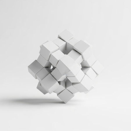This image features an abstract, three-dimensional structure composed of interconnected cubes. The monochromatic color scheme, with a gradient from light to dark gray, adds depth and dimension to the composition. The cubes are arranged in a seemingly random yet harmonious pattern, creating a visually intriguing geometric form.の素材