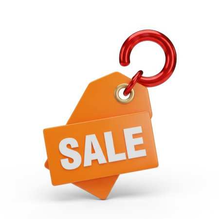 The image features a bright orange sale tag with bold white letters spelling 'SALE'. The tag is attached to a red metallic hook, suggesting a promotional or discount offer. The tag is slightly tilted, adding a dynamic touch to the composition. The background is plain white, which makes the vibrant colors of the tag and hook stand out prominently.の素材