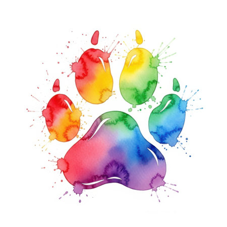 A vibrant watercolor painting of a paw print featuring a spectrum of colors including red, orange, yellow, green, blue, and purple. The colors blend seamlessly into each other, creating a dynamic and eye-catching design.の素材