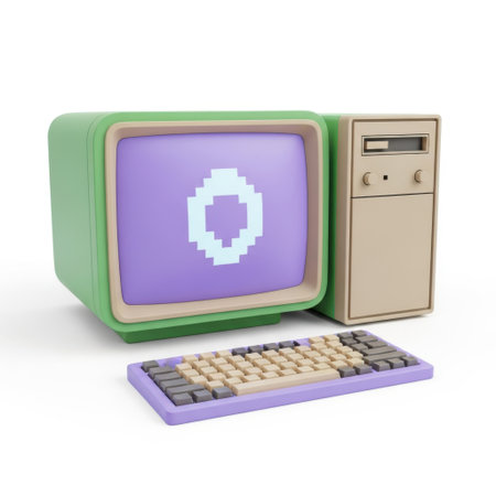 The image depicts a vintage computer system featuring a green and beige monitor with a purple screen displaying a pixelated image of a white and light blue circle. The computer includes a beige keyboard with a purple base and a beige central processing unit (CPU) tower. The overall design evokes a sense of nostalgia, reminiscent of early personal computing technology.の素材