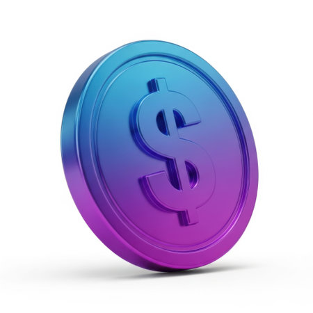 A 3D rendering of a shiny, metallic coin with a dollar sign prominently displayed on it. The coin exhibits a gradient of colors, transitioning from blue at the top to purple at the bottom, giving it a vibrant and eye-catching appearance. The coin is set against a plain white background, which accentuates its colors and design.の素材