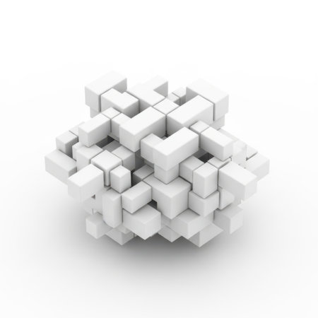 This image depicts an abstract 3D structure composed of numerous white cubes arranged in a complex, interwoven pattern. The cubes are tightly packed, creating a sense of depth and dimension. The overall shape is spherical, with the cubes forming intricate layers and intersections. The image has a minimalist aesthetic, with a clean, white background that emphasizes the geometric forms.の素材