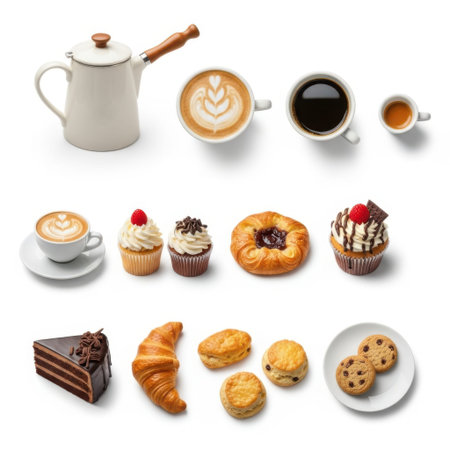 This image showcases a delightful assortment of coffee beverages and pastries. It features a variety of coffee drinks, including cappuccinos, lattes, and espresso, alongside an array of sweet treats such as cupcakes, croissants, donuts, and cookies. The arrangement is visually appealing, making it an inviting scene for a cozy coffee break.の素材