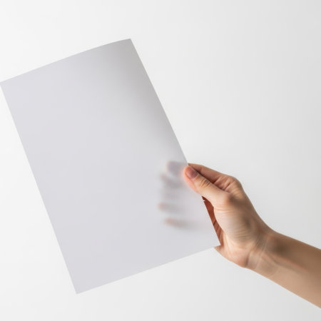 The image shows a hand holding a transparent sheet of paper against a white background. The sheet is clear and allows the hand to be partially visible through it. The hand is positioned in such a way that the fingers are slightly spread, holding the sheet at the bottom edge.の素材