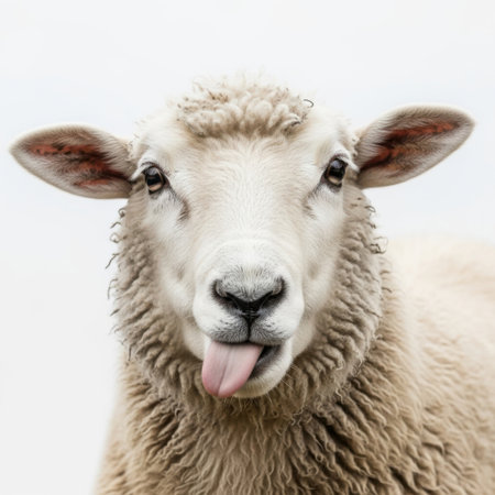 A close-up image of a sheep with its tongue playfully sticking out. The sheep has a fluffy white coat and is looking directly at the camera with curious eyes. The background is plain and white, putting the focus entirely on the sheep's expressive face.の素材