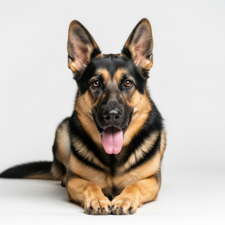 This image features a German Shepherd puppy with a black and tan coat. The puppy is lying down on a plain white background, looking directly at the camera with its tongue playfully sticking out. The puppy's ears are perked up, and its eyes are bright and alert.の素材