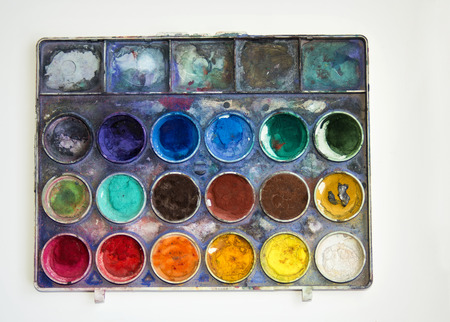 Beautiful view of paints and wooden brushesの写真素材