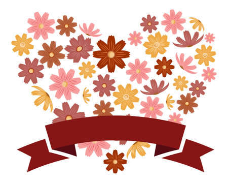 Colorful cosmos flower frame . Autumn cherry blossom message card .  Autumn cherry blossoms in heart .のイラスト素材