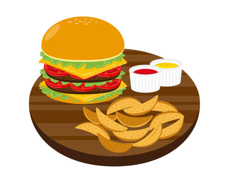 Vector illustration of cheese and beef burger and french friesのイラスト素材
