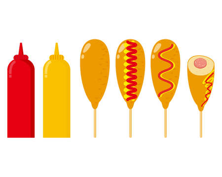 illustration of a corn dog with mustard and ketchup sauceのイラスト素材