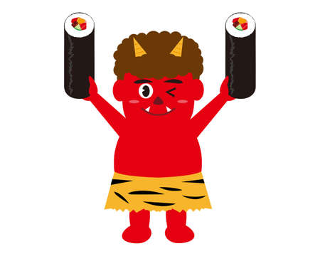 Vector illustration of seaweed rolls and demons. Japanese demon called "oni" that can be used for setsubun . Setsubun means japanese traditional event,holiday for end of winter in Japan .のイラスト素材