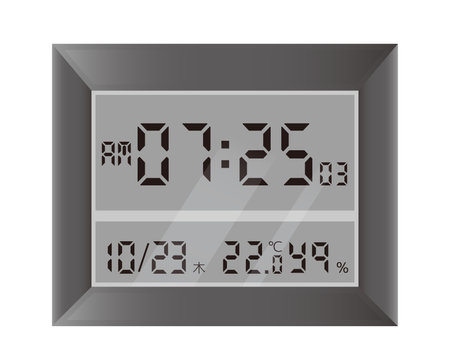 Illustration of a digital clock with calendar and thermometer and hygrometer display functions. Vector illustration of a clock face.のイラスト素材