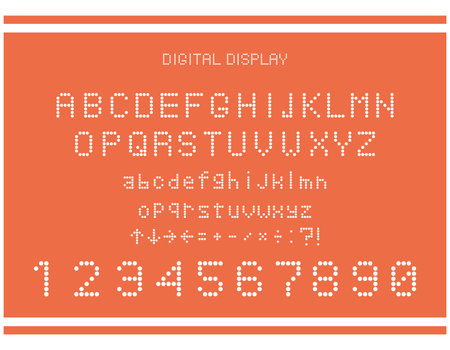 Illustration of alphabet and numbers on digital display. Clock face on digital display.のイラスト素材
