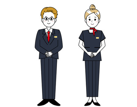 Illustration of male and female salespeople serving customers.のイラスト素材