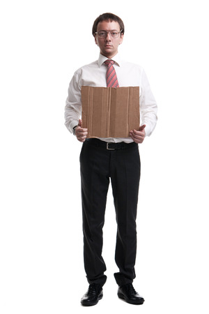Nerdy manager showing blank cardboardの写真素材