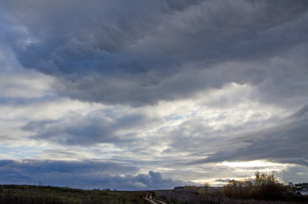 The space of the summer sky is filled with many cumulonimbus clouds above the low horizon.の写真素材